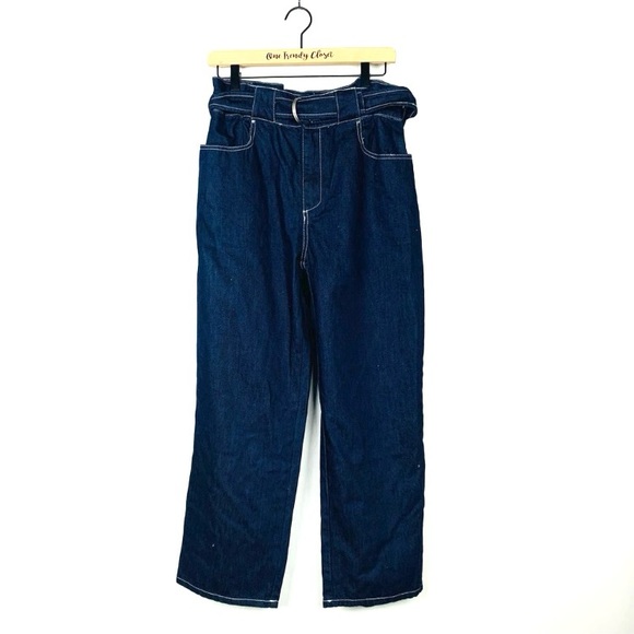 Current Air | NWT Y2K Paper Bag Waist Belt Wide Leg Ankle Blue Denim Jeans, Sz M - Picture 4 of 10